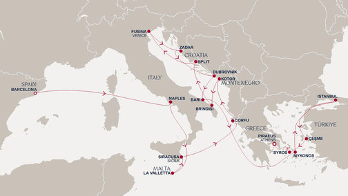 Explora I - Von Barcelona nach Athen Routenkarte