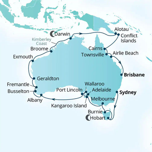 Route der Seabourn Quest - Etappenreise 2027 Australienumrundung
