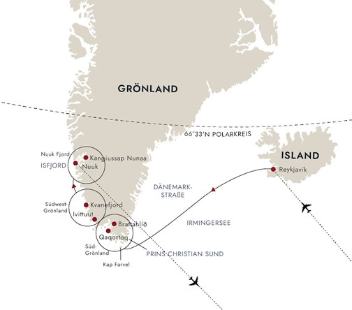 Routenkarte von Reykjavík nach Nuuk mit MS Fridtjof Nansen