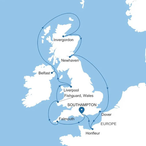 Routenkarte Silver Spirit von Southampton nach Southampton