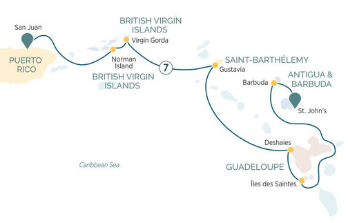 Routenkarte von Emerald Cruises von Antigua nach Puerto Rico