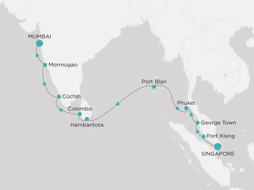 Reiseroute Crystal Serenity von Singapur nach Mumbai
