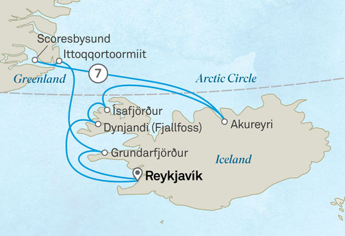 Routenkarte: Mit der Scenic Eclipse von Reykjavik nach grönland und zurück nach Reykjavik