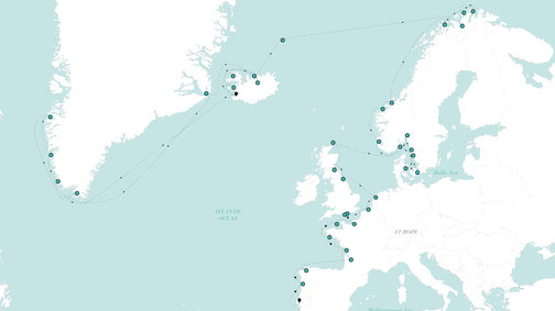 Routenkarte Crystal Grand Journey 2027 Lissabon bis Reykjavik