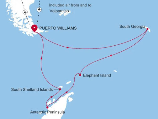 Routenkarte Silver Wind von Silversea von Puerto Williams nach Puerto Williams