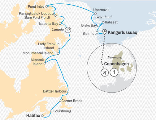 Routenplan Scenic Eclipse - von Kopenhagen nach Halifax