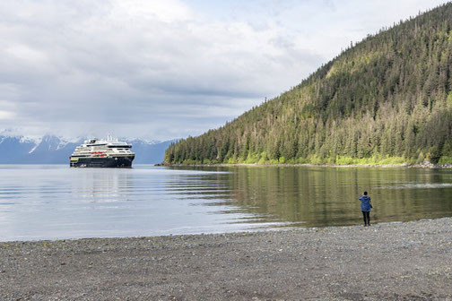 HX Hurtigruten Expeditionsschiff vor bewaldeter Küste, Person steht am Ufer mit Blick aufs Meer.