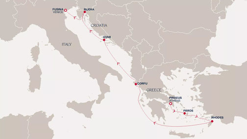 Reiseroute mit EXPLORA II von Piräus nach Fusina