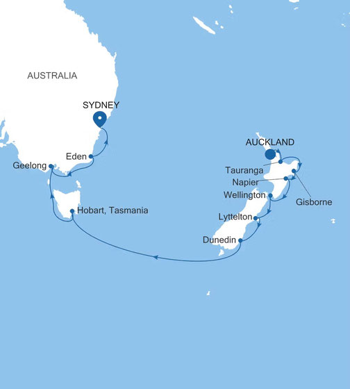 Routenplan der Silver Nova - von Auckland nach Sydney