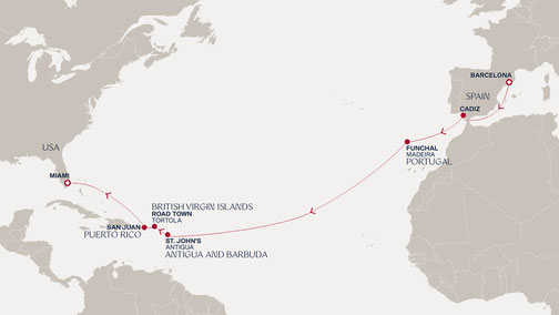 Routenplan der Explora 1 von Explora Journeys - Barcelona nach Miami