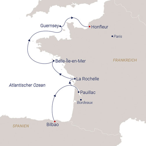 Sea Cloud Spirit Kreuzfahrtschiff Route von Bilbao nach Honfleur