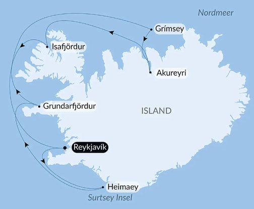 Reiseroute L'Austral von Reykjavik nach Reykjavik