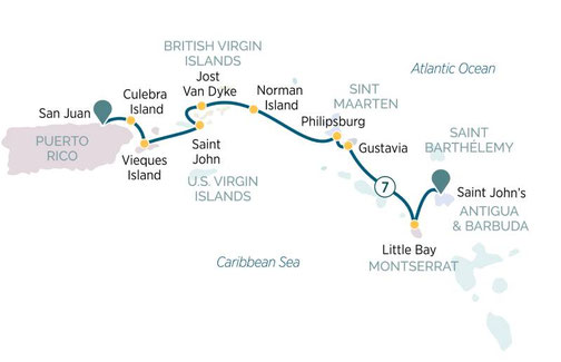 Routenkarte Emerald Cruises von Puerto Rico nach Antigua