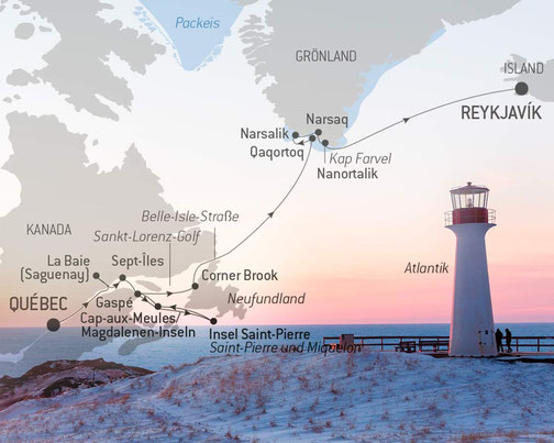 Routenkarte mit Leuchtturm im Vordergrund - Le Commandant Charcot - Expedition in die Polarwelt Kanadas und Grönlands