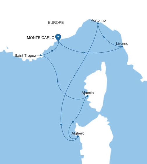 Routenkarte der Silver Ray von Monte Carlo nach Monte Carlo