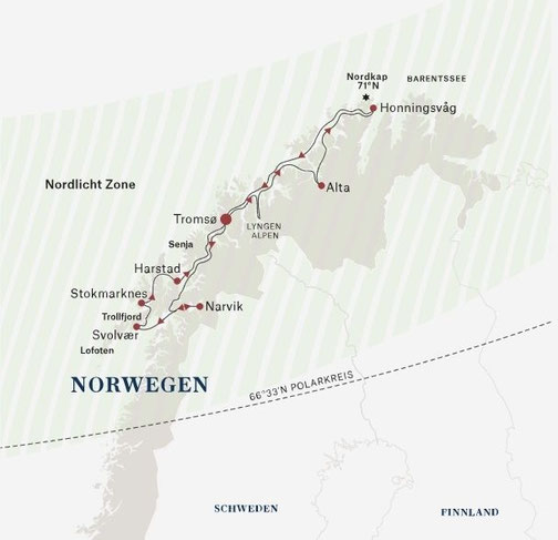 Routenkarte das arktische Norwegen-Erlebnis von Tromsø nach Tromsø mit MS Trollfjord