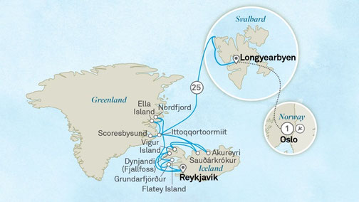 Routenkarte von Oslo nach Reykjavik mit Scenic Eclipse
