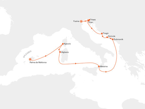 Reiseroute mit MS EUROPA von Palma de Mallorca nach Fusina