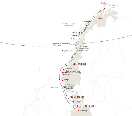Routenmap der Postschiffroute mit MS Otto Sverdrup