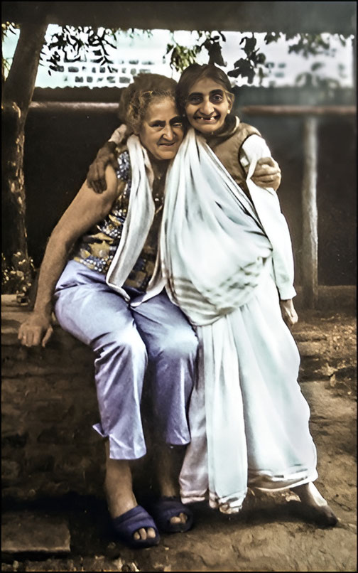 Irene with Mansari in 1983 on Meherabad Hill, India. Image rendition by Anthony Zois.