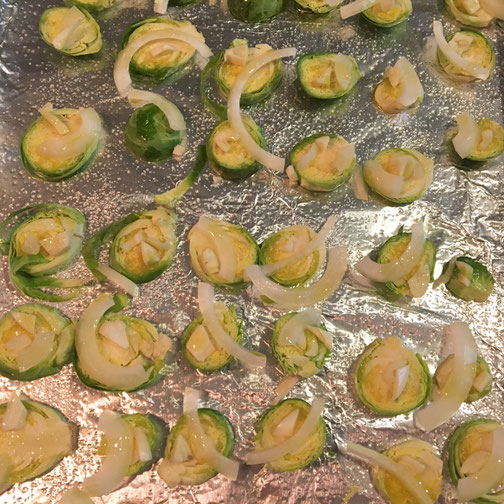 Thinly sliced Brussels Sprouts before roasting.