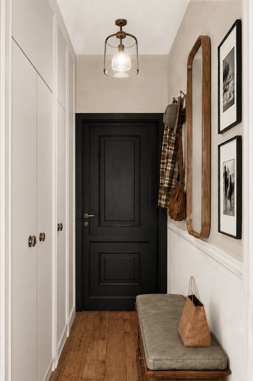 Entrée d’un appartement à Clichy aménagée avec des rangements intégrés, une porte noire et un banc en chêne sur mesure.