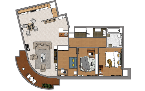 Dessin SketchUp de l’aménagement intérieur d’un appartement de 90 m², réalisé à partir du plan promoteur dans le Val-d'Oise..