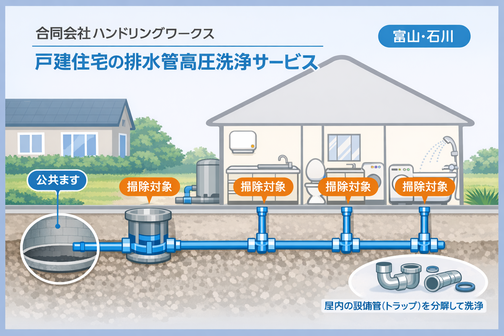 戸建て住宅の排水管高圧洗浄サービスの仕組み解説イラスト。キッチン、浴室、洗面台、洗濯機の屋内配管から公共ますまでの掃除対象範囲を図解。合同会社ハンドリングワークス(富山・石川)