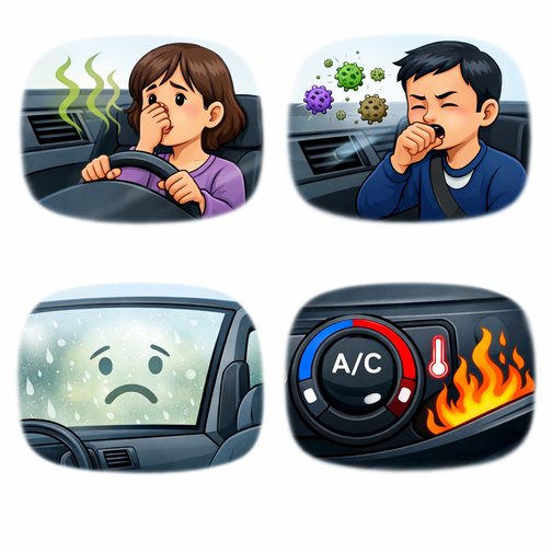 カーエアコンの不調を示すイラスト。臭い・咳・曇り・冷房不良の4症状。