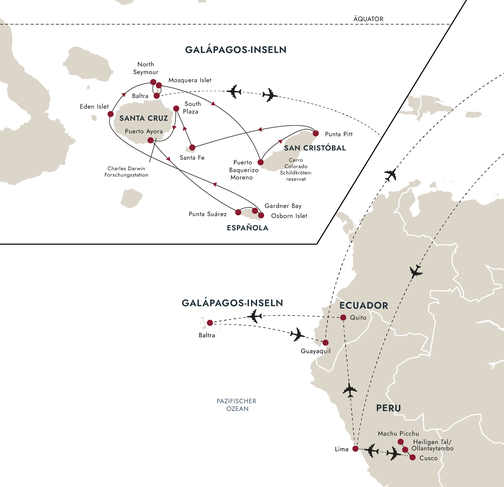 Routenkarte HX Hurtigruten Expeditions Galapagosinseln an Bord der MS Santa Cruz II