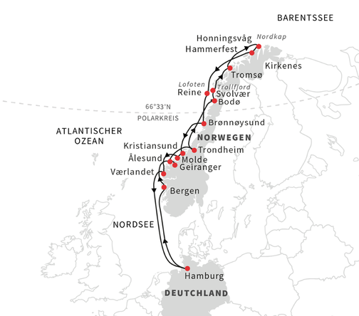 Routenkarte Hurtigruten ab Hamburg