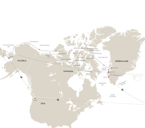 Routenplan HX Hurtigruten Expeditions  MS Fridtjof Nansen Nordwestpassage nach Alaska 2026