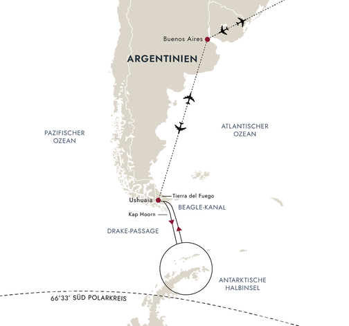 Reiseroute HX Expeditions - Von Ushuaia nach Ushuaia