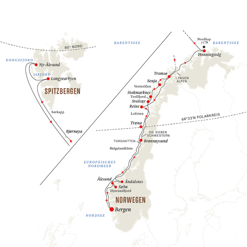 Reiseroute MS Trollfjord - Hurtigruten Spitzbergen-Linie
