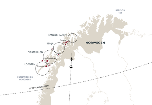 Routenkarte Weihnachtsfreuden in Norwegen. Eine arktische Expedition unter dem Nordlicht