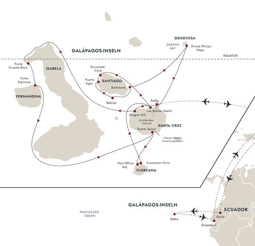Reiseroute HX Hurtigruten Galapagos Expeditions-Seereise an Bord der MS Santa Cruz II