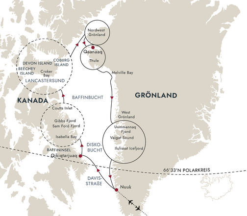 Routenplan HX Hurtigruten Expeditions MS Roald Amundsen Nordwestpassage 2025