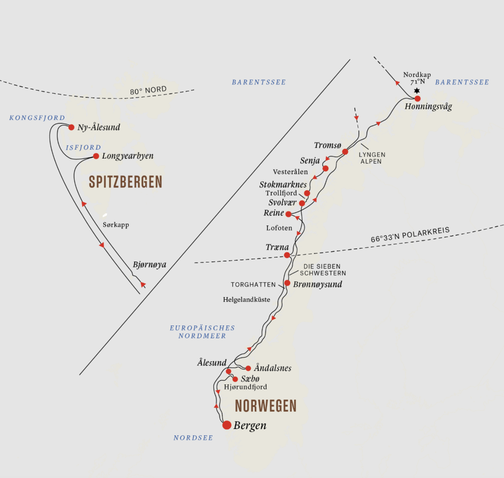 Reiseroute MS Trollfjord - Hurtigruten Spitzbergen-Linie