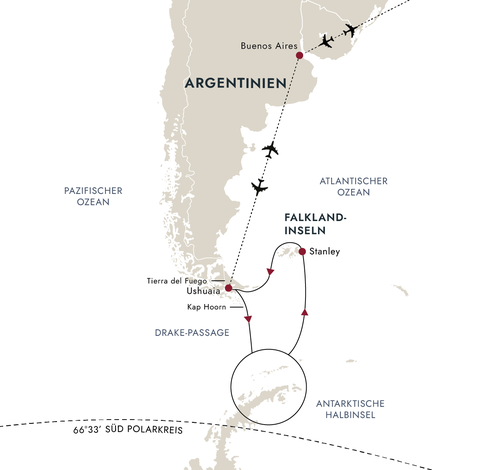 Reiseroute MS Roald - Antarktis und Falklandinseln
