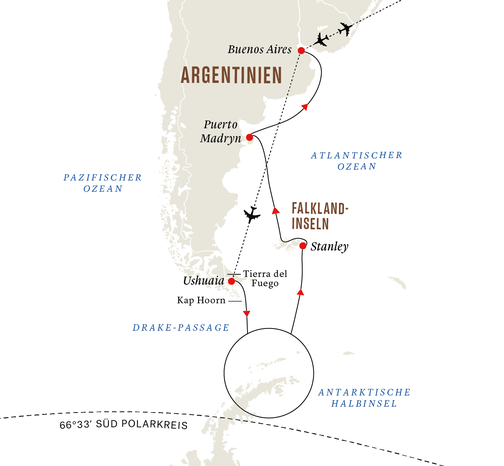 Reiseroute HX Expeditions Antarktis und Falklandinseln Kurs Nord
