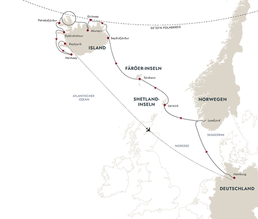 Routenkarte HX Hurtigruten Expeditions von Hamburg nach Island