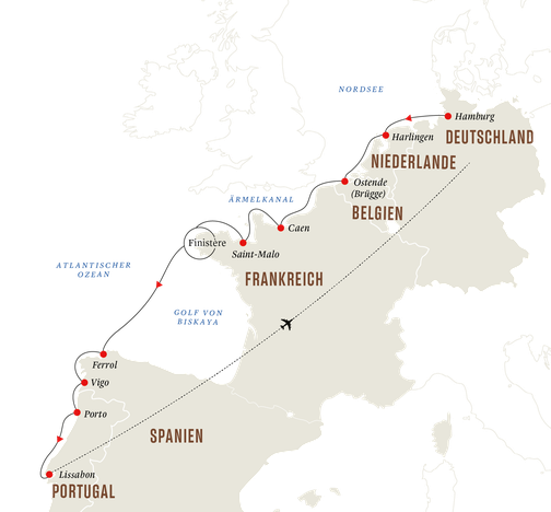 Reiseroute HX Expeditions von Hamburg nach Lissabon