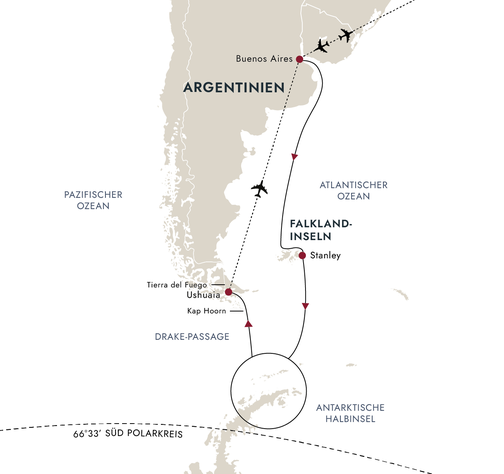Reiseroute Expedition Antarktis und Falklandinseln, Kurs Süd