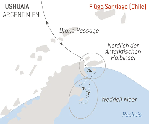 Le Commandant Charcot - Reiseroute Die Kaiserpinguine des Weddell-Meers 