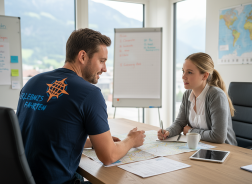 Klassenlager Coaching - ein Erlebnisfahrten Mitarbeiter klärt mit einer Lehrperson in der Beratung offene Fragen