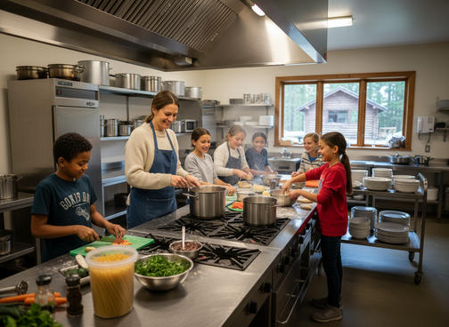 Eine Lehrperson kocht in der Lagerküche vom Klassenlager zusammen mit einigen Schülerinnen und Schüler
