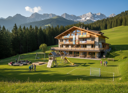 Eine Unterkunft für ein Klassenlager mitten in der Natur in den Bergen mit einem Spielplatz vor dem Haus.