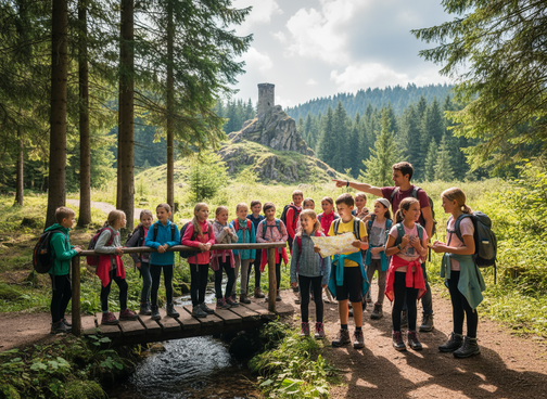 Eine Schulklasse auf einem Ausflug während dem Klassenlager. Spannende Wanderung in der Natur mit der Klasse.