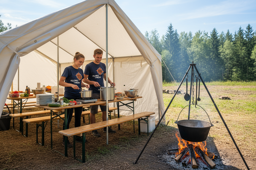 Küche im Zeltlager am Lagerfeuer - wir verfügen über die komplette Ausrüstung zum kochen für Gruppen im Zeltlager