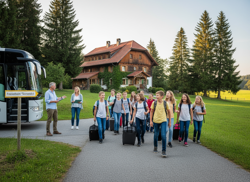 Eine Schulklasse ist mit dem Reisebus im Klassenlager angekommen und ist unterwegs zum Gruppenhaus.